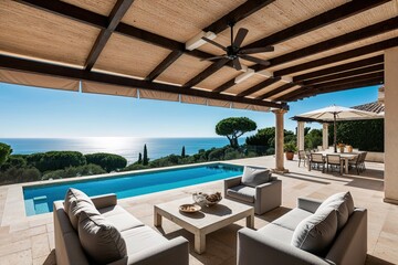 Fototapeta premium Elegant Mediterranean Villa with Pool and Spacious Terraces Boasting Breathtaking Ocean Views for a Luxe Summer Getaway