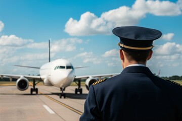 Pilot's Vigil: A pilot, in uniform, observes an airplane on a clear, bright day, set against the backdrop of an airport runway and a serene, cloud-filled sky. 