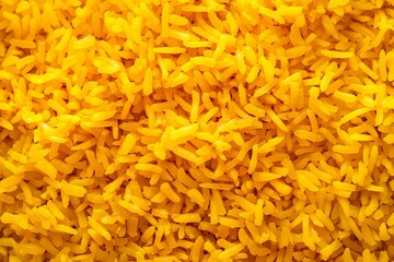 Golden Turmeric Rice Pile, Vibrant Yellow Grains with Rich Color and Flavorful Appeal. Excellent for Culinary Articles, Food Blogs, or Healthy Recipe Features