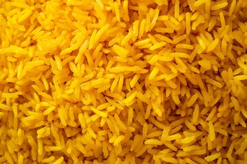 Bright Yellow Turmeric Rice Pile, Showcasing Vivid Color and Textural Details. Ideal for Culinary Photography, Food Packaging, or Nutrition-Focused Content