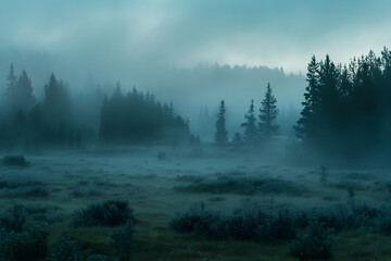 Fototapeta premium Omnipresence in Nature: Ethereal Dawn Wrapped in Serene Fog