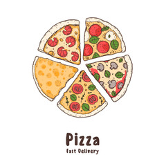 Hand drawn pizza. Italian pizza design element. Vector illustration. Italian food. Menu, package design