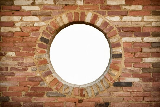 Brick Wall's Ocular Aperture: The captivating texture of an aged brick wall encases a circular opening, inviting viewers to ponder the contrast of materials and the allure of what lies beyond. - Powered by Adobe