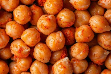 Close-Up View of Smoky Paprika Chickpeas, Highlighting Their Deep Color and Spiced Coating. Ideal for Snack Promotions, Vegan Recipe Blogs, or Healthy Eating Campaigns.