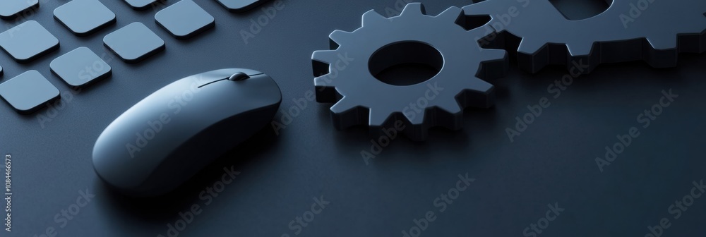 Aufkleber A black keyboard is shown alongside a computer mouse and gears, symbolizing digital technology and innovation in an office environment. Generative AI