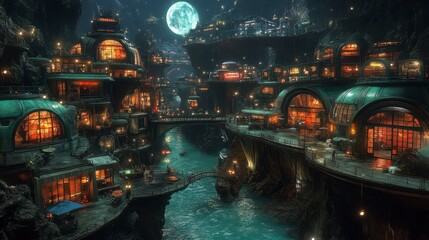 Enchanted Mountain City at Night: A Steampunk Masterpiece