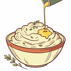 Piece of Cake with Cream, Chocolate Bowl with Spoon, Sweet Dessert Illustration, Gourmet Pastry and Cocoa Treat, Perfect for Menus, Branding, Packaging, Digital Art, and Creative Projects