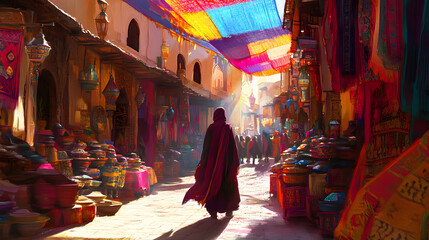 A person walks down a vibrant marketplace, bathed in the warm glow of the sun. Colorful textiles and pottery line the path, creating a rich and enchanting scene.