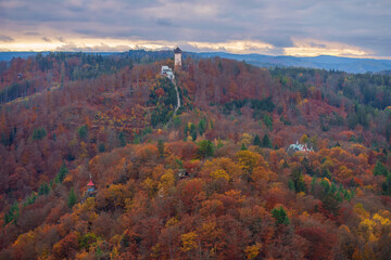 Beautiful view of the Diana Lookout Tower and it's funicular in Karlovy Vary, Czech Republic,...