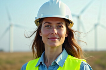 female construction worker with wind turbines bokeh
