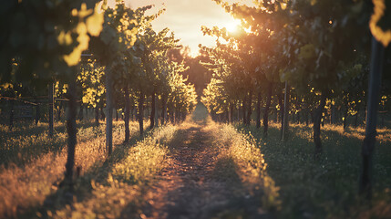 Golden hour sunlight streams through a vineyard, illuminating the path between rows of vines.  Warm, inviting colors paint a picturesque scene.