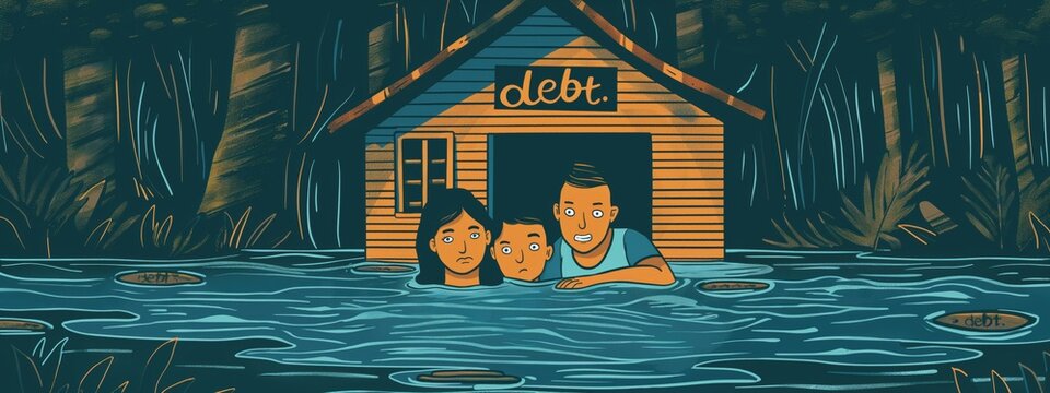 A family of four is partially submerged in murky waters, clinging to each other as they approach a house labeled debt. The atmosphere is tense, reflecting their financial distress.
