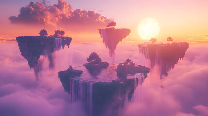 Enchanted floating islands cascade into a dreamy sunset.  A serene and magical landscape.