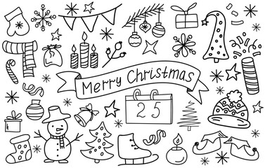 Big set of Christmas doodle elements. Hand written lettering Merry Christmas on the line art label.   Christmas trees, skates, Christmas boot, sweets, gift boxes, snowflakes. Winter holidays attribute