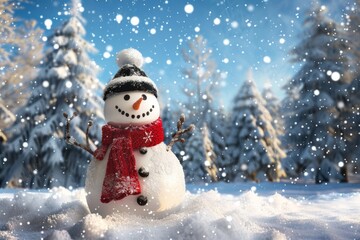 Obraz premium Cheerful snowman in winter wonderland