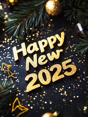 The inscription "Happy New Year" on a dark blue background, surrounded by glitter and Christmas tree branches.