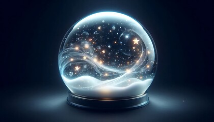 translucent snow globe effect with floating stars and swirling snow new year greeting card,banner,copy space