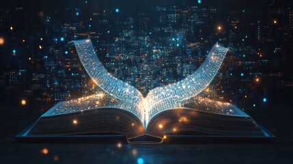 An open book with pages turning into digital data streams, representing the integration of technology and education in AI educational tools.