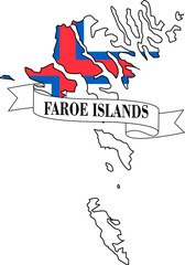The map of Faroe Islands overlaid by the Faroe Islands flag and with its name on a ribbon