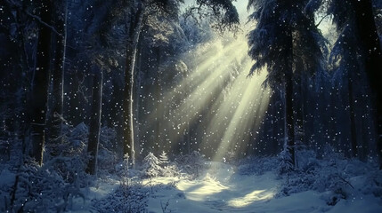 Snow gently falls in a dense forest