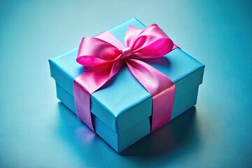 Obraz premium Blue gift box with pink ribbon and bow on white background