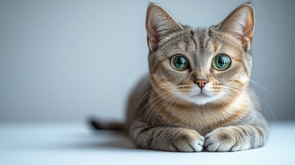 A charming tabby cat with large green eyes lounges quietly, observing intently