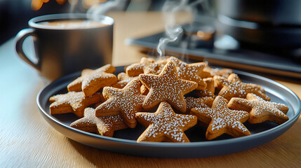 
A plate of gingerbread cookies shaped like stars and Christmas trees, served with a steaming cup of hot cocoa.