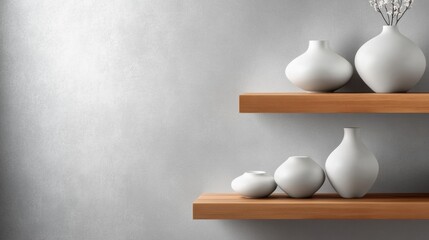 Elegant white ceramic vases on wooden shelves against a minimalist gray wall, AI