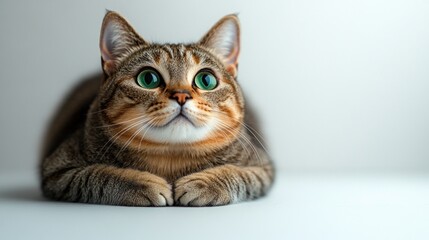 Obraz premium A tabby cat relaxes, gazing with its bright green eyes, lost in thought