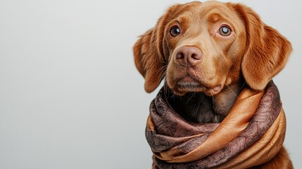 This adorable dog showcases its charm wearing a fashionable scarf, sitting patiently