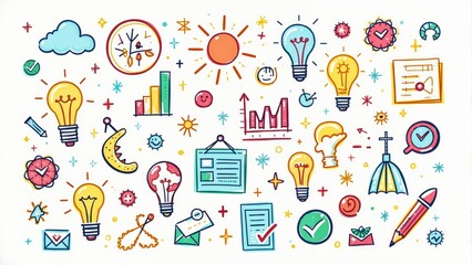 Colorful doodles depicting creativity, ideas, and productivity in a vibrant artistic style