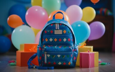 Backpack Birthday Bash: A vibrant blue backpack with colorful diamond pattern sits amidst a festive backdrop of balloons and gift boxes, perfect for celebrating a special occasion.