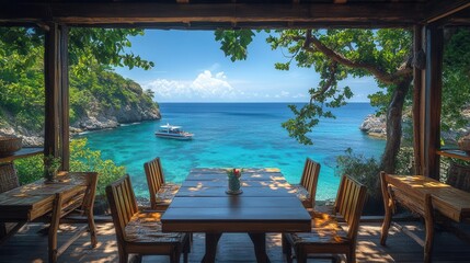 Obraz premium wooden table set against a backdrop of a serene sea, island, and blue sky, capturing a peaceful seaside atmosphere perfect for relaxation and enjoyment