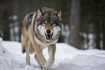 Fototapeta premium Wolf's Winter Prowl: A lone wolf strides through a snowy forest, its piercing gaze and open mouth revealing a primal intensity. The blurred background of trees adds depth to the image.