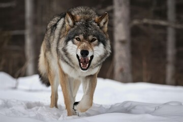 Fototapeta premium Majestic Winter Wolf: A powerful grey wolf strides through a snowy forest, its open mouth revealing sharp teeth. The image evokes a sense of wild beauty and untamed power.