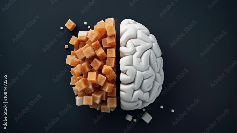 Poster Half of brain is composed of sugar cubes crumbling and falling apart, representing sugar addiction replacing brain functioning, showing mental health issues