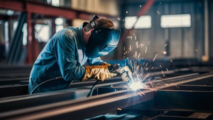 Focused Welding: A skilled welder in a blue jumpsuit and protective gear, expertly welds metal beams, sparks flying in a display of industrial precision.  