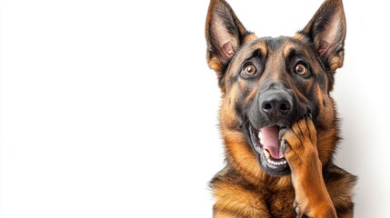 A curious German Shepherd displays a playful expression with its paw on its mouth