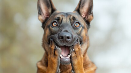 A delighted Belgian Malinois puppy shows joy and curiosity with playful enthusiasm