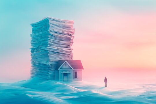 A person stands by a small house, faced with a massive stack of documents at dawn
