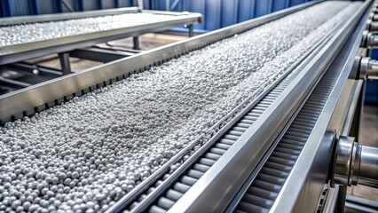 Conveyor belt carrying aluminum particles at a tilted angle