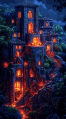 Fototapeta premium Pixelated Mountaintop Citadel: A Glowing Ancient City