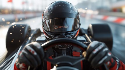 A man in a racing suit is driving a race car. He is wearing a helmet and gloves