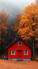 Autumnal Forest Cabin: A Red House Nestled in a Foggy Autumn Landscape