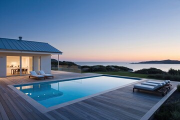 Fototapeta premium Modern Seafront Cottage with Sleek Pool and Sun Deck Overlooking Idyllic Coastal Vacation at Dusk