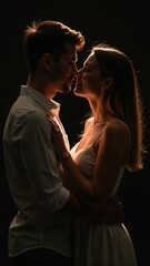 Romantic silhouettes in intimate embrace against a dark background captured during a special moment