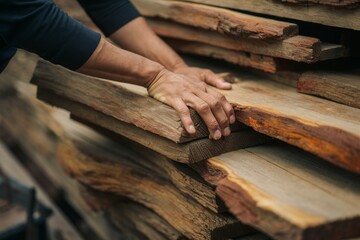 Hands of a Craftsman: Close-up of a woodworker's hands carefully selecting a piece of wood from a stack of planks, showcasing the artistry and meticulousness of woodworking.  