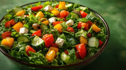 Colorful greens and vegetables blend together in a delightful summer salad bowl
