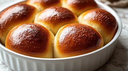 Soft and fluffy dinner rolls glisten under a warm kitchen light, inviting all to enjoy