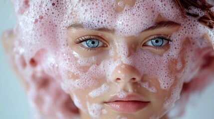 Bubbles adorn the face of a young woman, capturing a moment of calm and beauty